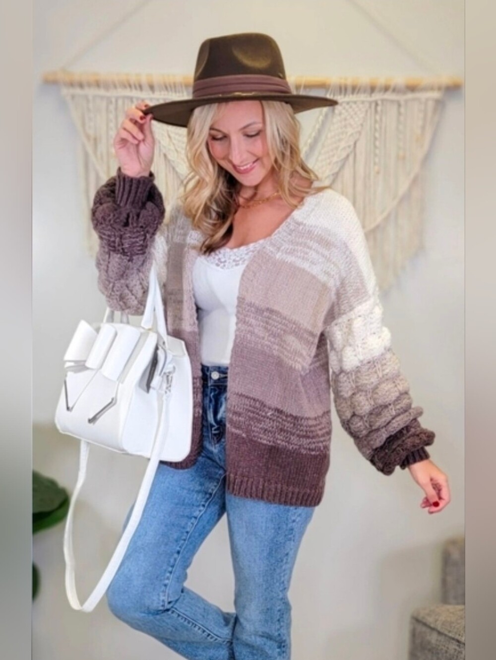 Everlasting Eve Textured Knit Cardigan in Cream and Brown